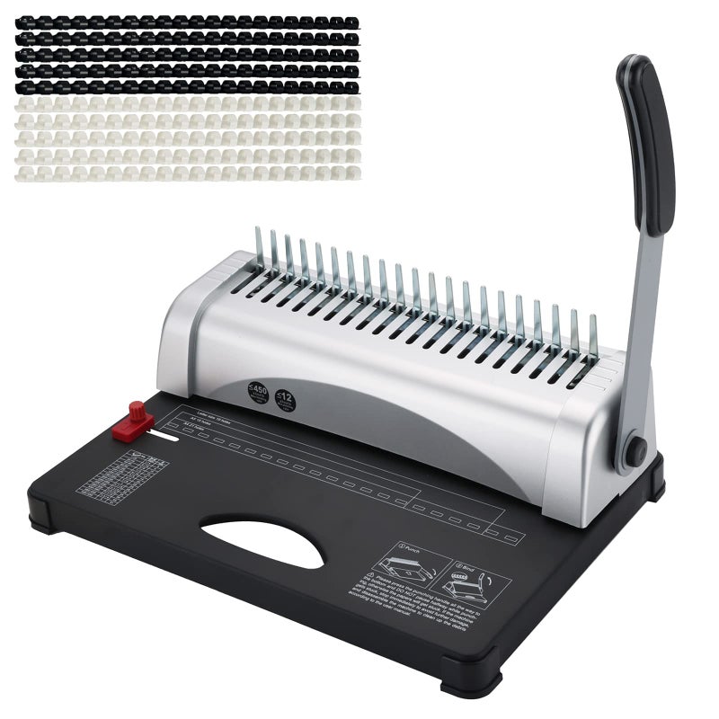 MYFULLY Comb Binding Machine 21Holes 450 Sheets Paper Punch Binder with Starter Kit 100 PCS PVC Comb Bindings Perfect for Letter Size A4 A5 or Smaller Sizes Office Documents