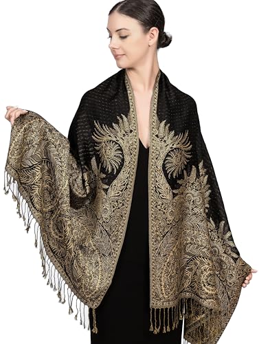 Achillea Soft Silky Reversible Paisley Pashmina Shawl Wrap Scarf w/Fringes (Big Paisley Black) - Image 1