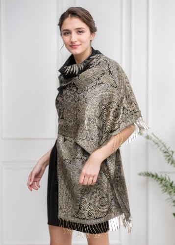 Achillea Soft Silky Reversible Paisley Pashmina Shawl Wrap Scarf w/Fringes (Big Paisley Black) - Image 3