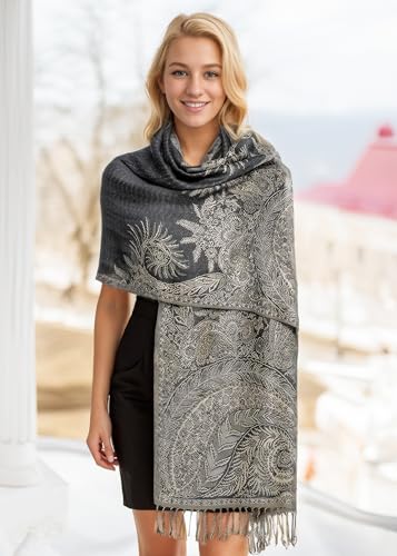 Achillea Soft Silky Reversible Paisley Pashmina Shawl Wrap Scarf w/Fringes (Big Paisley Black) - Image 2