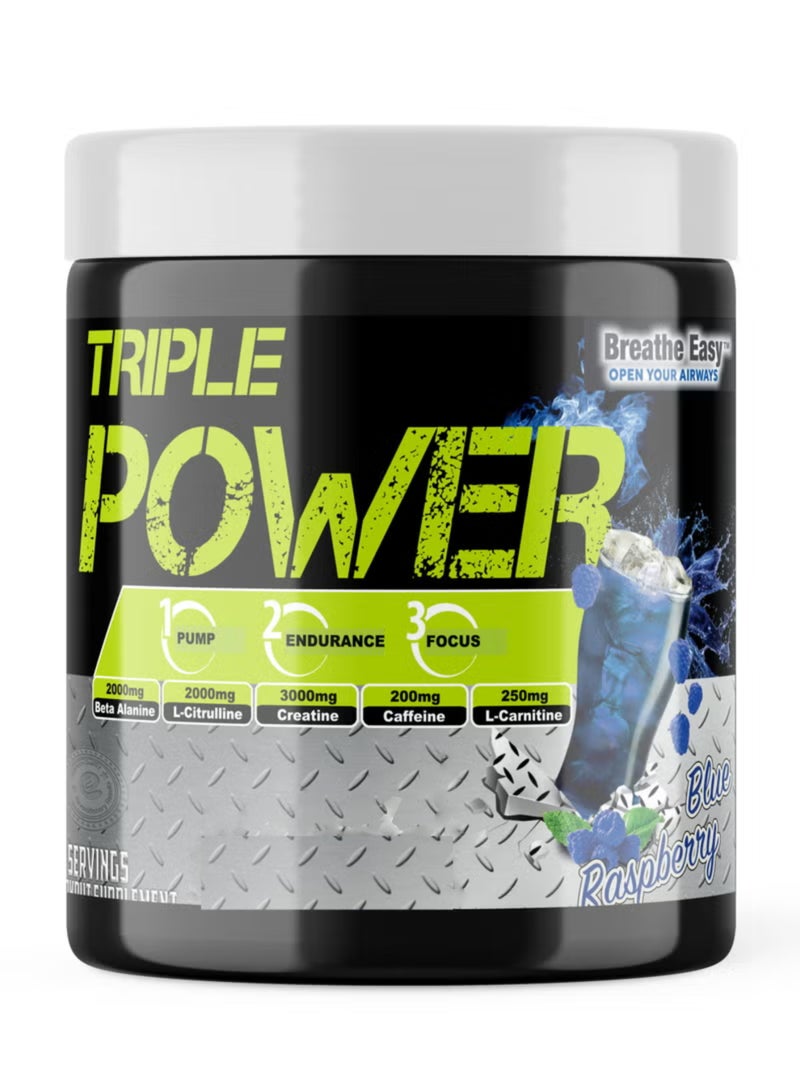 TRIPLE POWER Pre Workout, Elevate Energy, Enhance Focus and Concentration, Increase The Blood Flow and Pump, Blue Raspberry Flavor, 30 Servings-300gm - Image 1