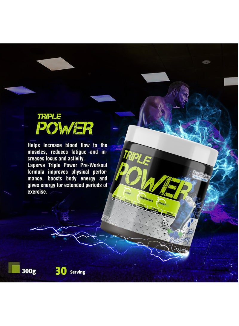 TRIPLE POWER Pre Workout, Elevate Energy, Enhance Focus and Concentration, Increase The Blood Flow and Pump, Blue Raspberry Flavor, 30 Servings-300gm - Image 2