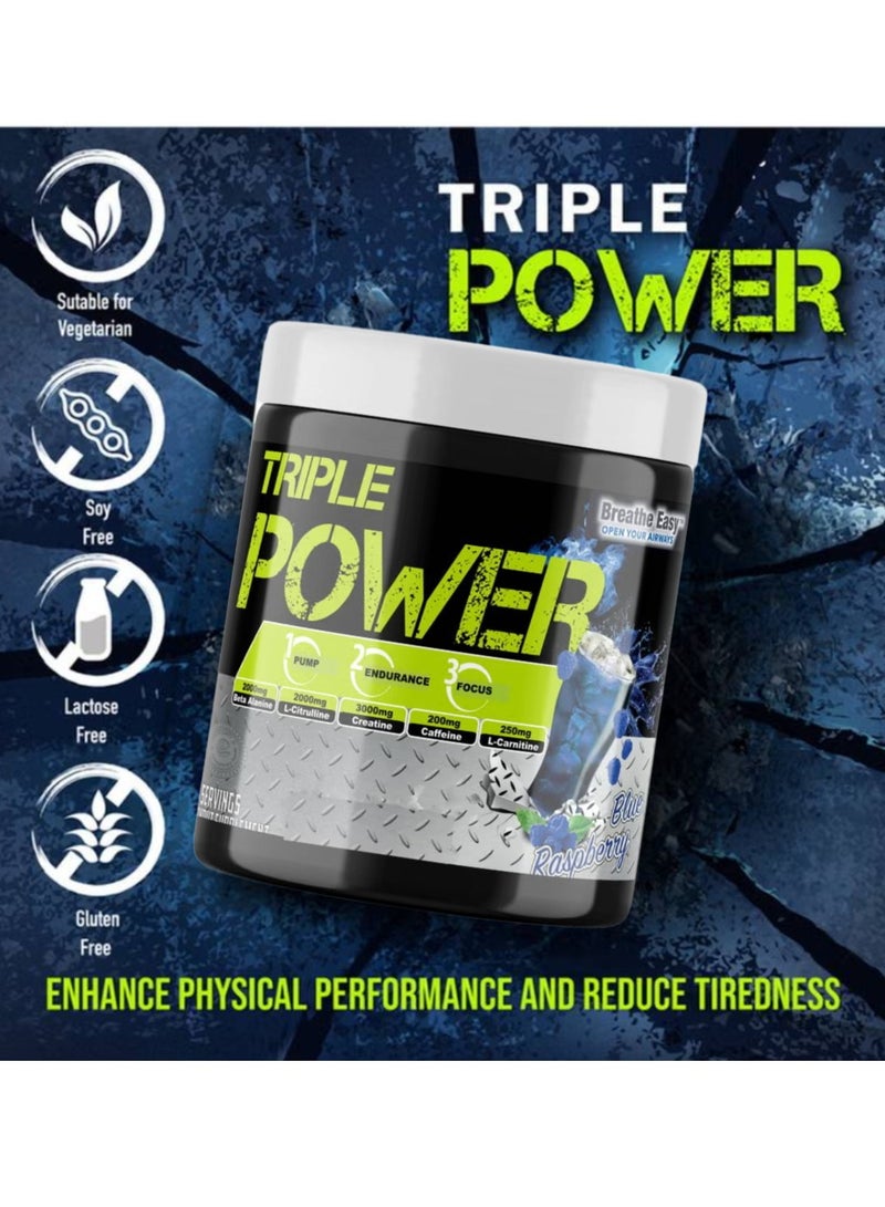 TRIPLE POWER Pre Workout, Elevate Energy, Enhance Focus and Concentration, Increase The Blood Flow and Pump, Blue Raspberry Flavor, 30 Servings-300gm - Image 3