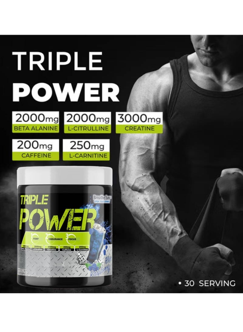 TRIPLE POWER Pre Workout, Elevate Energy, Enhance Focus and Concentration, Increase The Blood Flow and Pump, Blue Raspberry Flavor, 30 Servings-300gm - Image 4