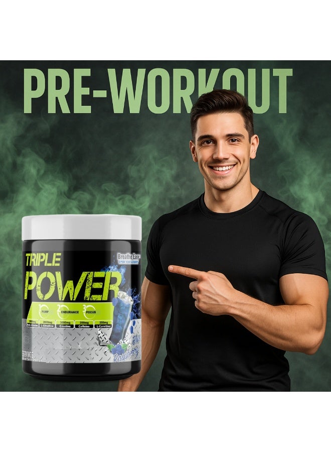 TRIPLE POWER Pre Workout, Elevate Energy, Enhance Focus and Concentration, Increase The Blood Flow and Pump, Blue Raspberry Flavor, 30 Servings-300gm - Image 5