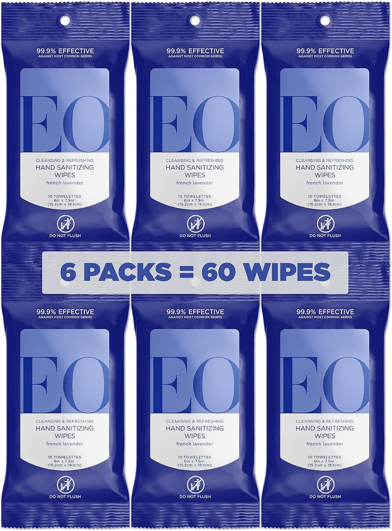 EO Sanitizing Hand Wipes, Organic Lavender, Biodegradable, Pack of 10 Wipes, 6 Count - Image 1