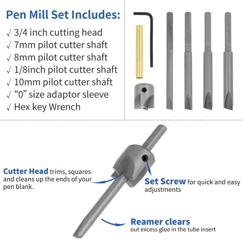 TACK PRO Pen Mill Set, 7 PC Pen Barrel Trimming System with 3/4 inch Cutting Head, 7mm, 8mm, 3/8 inch, 10mm Pilo Ctutter Shafts, 0 Size Adaptor Sleeve and Hex Key Wrench, Pen Barrel Mill Trimmer Set - Image 4