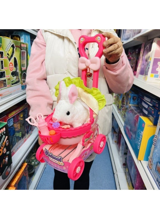 Nora Pet Baby Pet Cart Rabbit Dog Cat Calling Walking Children Simulation Play-house Toy-Color:Luxury Trolley + Electric White Rabbit [can Walk And Bark]-Specification:Battery Version [rechargeable Battery + Charger + Screwdriver]
