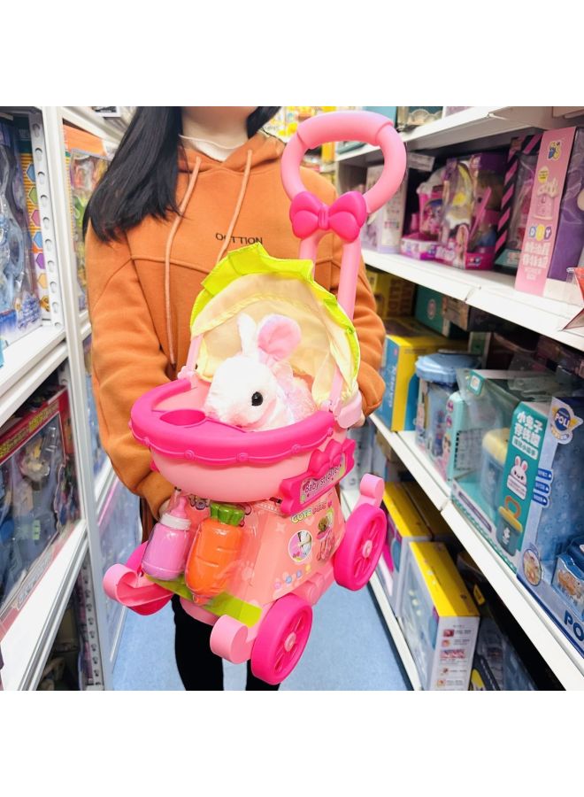 Nora Pet Baby Pet Cart Rabbit Dog Cat Calling Walking Children Simulation Play-house Toy-Color:Luxury Trolley + Electric White Rabbit [can Walk And Bark]-Specification:Battery Version [rechargeable Battery + Charger + Screwdriver]