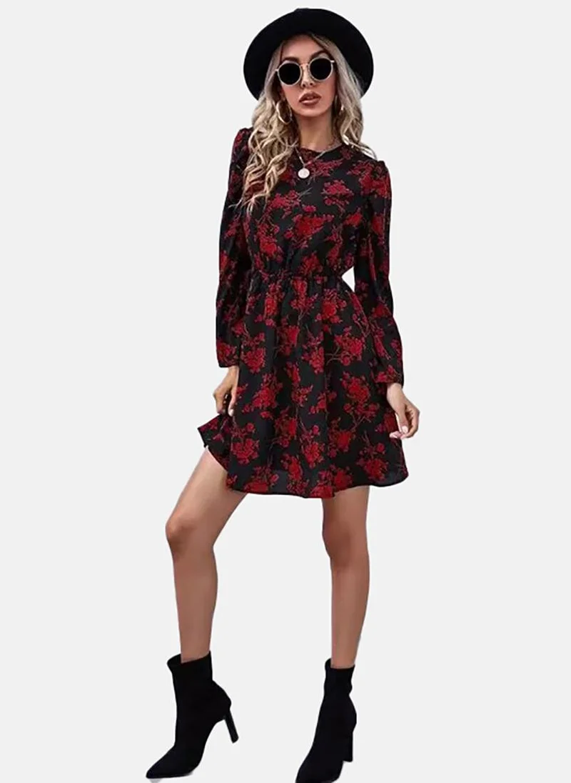 YUNIQEE Black Round Neck Floral Print Puff Sleeve Fit & Flare Dress