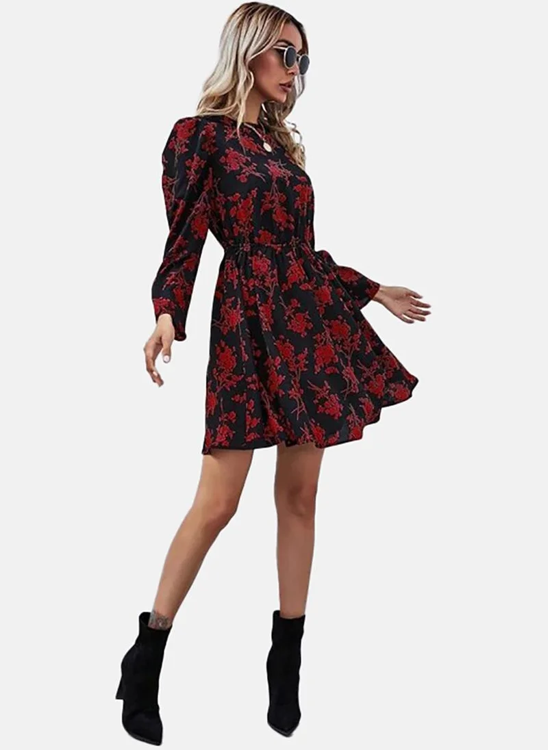يونيكي Black Round Neck Floral Print Puff Sleeve Fit & Flare Dress