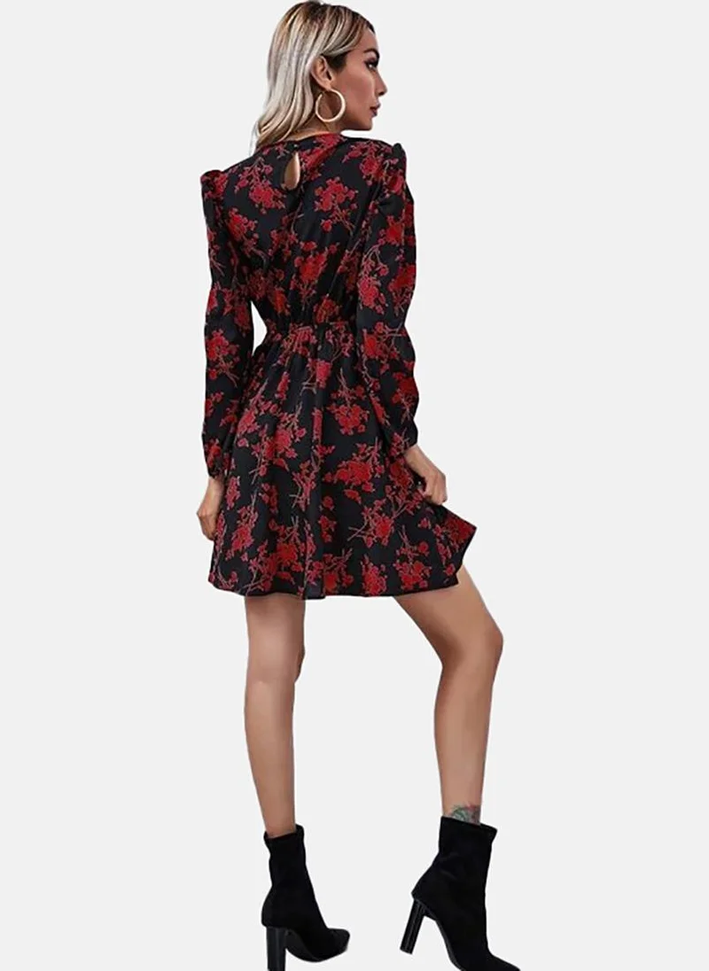 يونيكي Black Round Neck Floral Print Puff Sleeve Fit & Flare Dress