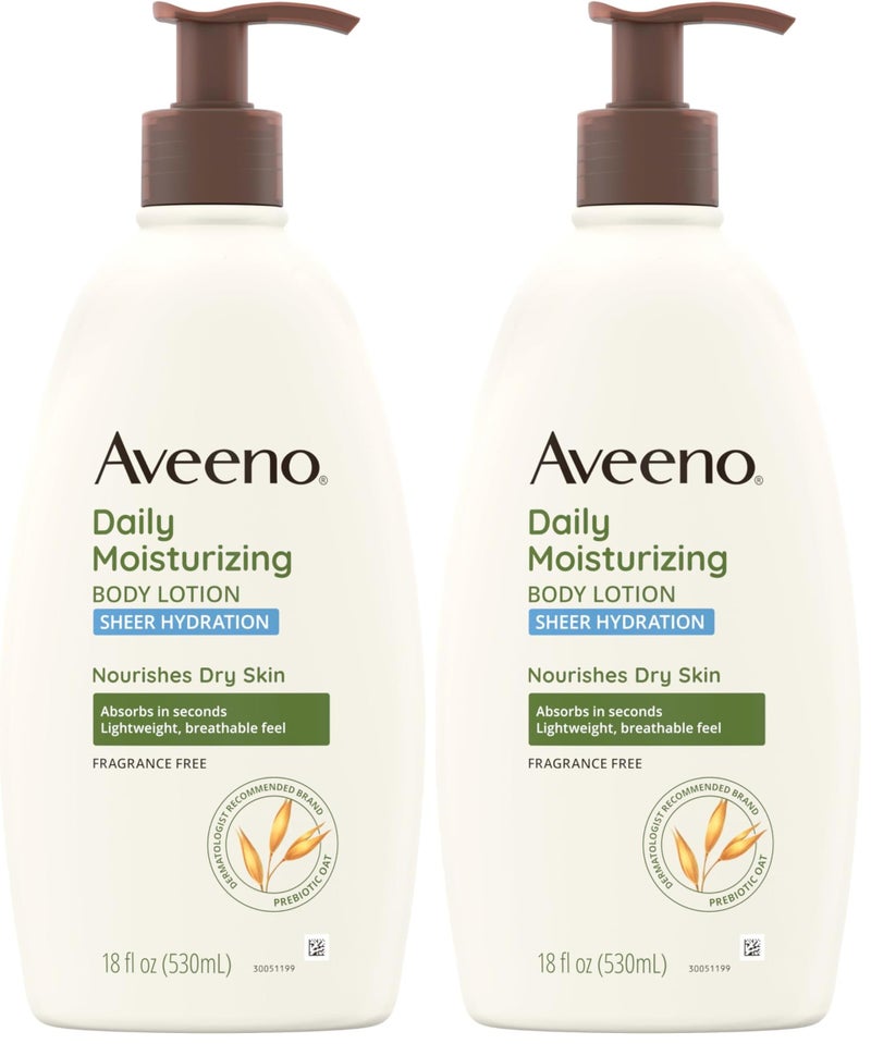 Aveeno Sheer Hydration Daily Moisturizing Fragrance-Free Lotion with Nourishing Prebiotic Oat, Fast-Absorbing Body Moisturizer for Dry Skin with Lightweight, Breathable Feel, 18 fl. oz (Pack of 2) - Image 1