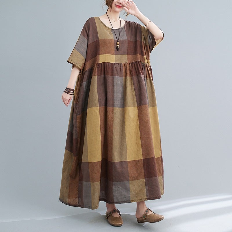 Foreign Trade plus size Womens Retro Artistic plus size Obesity Loose Slimming Plaid Printed Short-sleeved Long dress Picture Color
