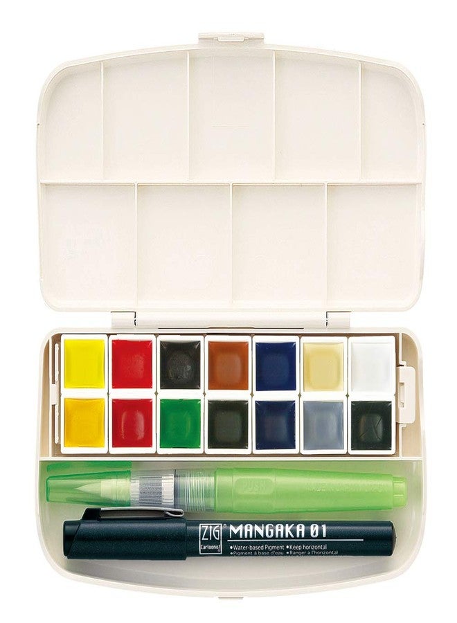 Kuretake GANSAI TAMBI Portable 14 Colors set, Watercolor Paint Set, Travel kit with Brush, Palette, for Professional, Artists, Crafters, Urban Sketch, Outdoor Sketch, Made in Japan - Image 1