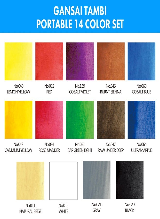 Kuretake GANSAI TAMBI Portable 14 Colors set, Watercolor Paint Set, Travel kit with Brush, Palette, for Professional, Artists, Crafters, Urban Sketch, Outdoor Sketch, Made in Japan - Image 3
