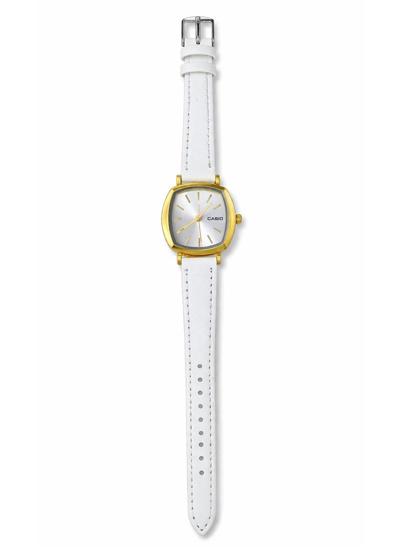 Casio Women's Analog Watch with White Leather Strap and Gold-Tone Case with Silver Dial