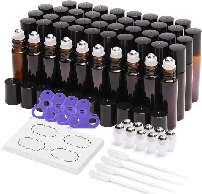 48PACK ESSENTIAL OIL ROLLER BOTTLES 10ML EMPTY BOTTLES WITH STAINLESS STEEL ROLLER BALLS AND WATERPROOF LABELS AMBER ROLLER BALLS FOR ESSENTIAL OILS