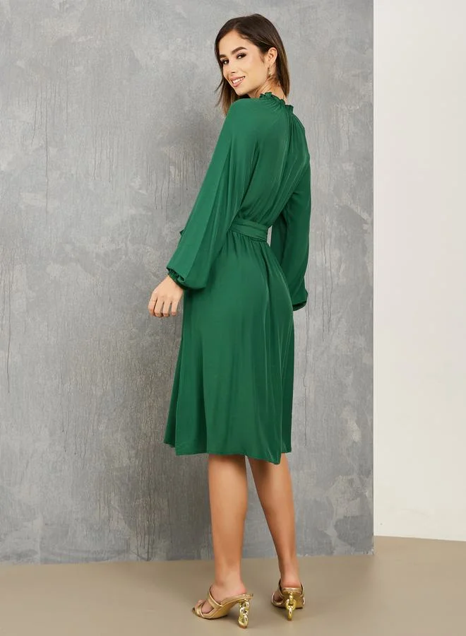 Take Two Ruffled High Neck Midi Dress with Tie Belt