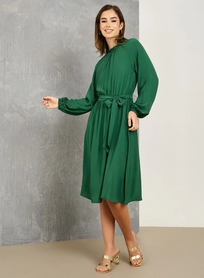 Take Two Ruffled High Neck Midi Dress with Tie Belt