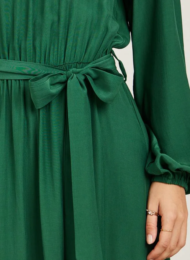 Take Two Ruffled High Neck Midi Dress with Tie Belt