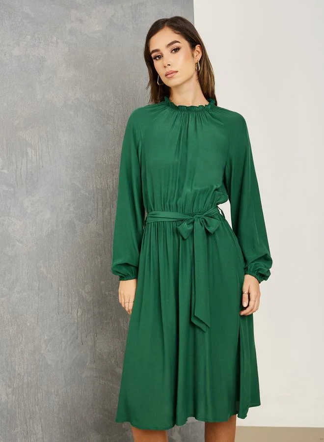 Take Two Ruffled High Neck Midi Dress with Tie Belt