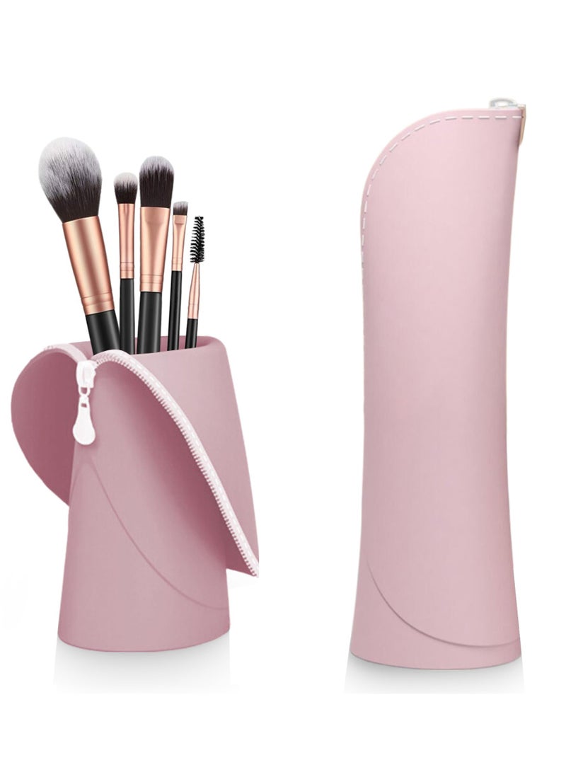 إكسفور Travel Makeup Brush Organizer Holder, Silicon Makeup Brush Case, Cute Travel Make Up Brush Holder For Women, Self Standing for Makeup Brushes and Small Cosmetics, Washable (Pink) - Image 1