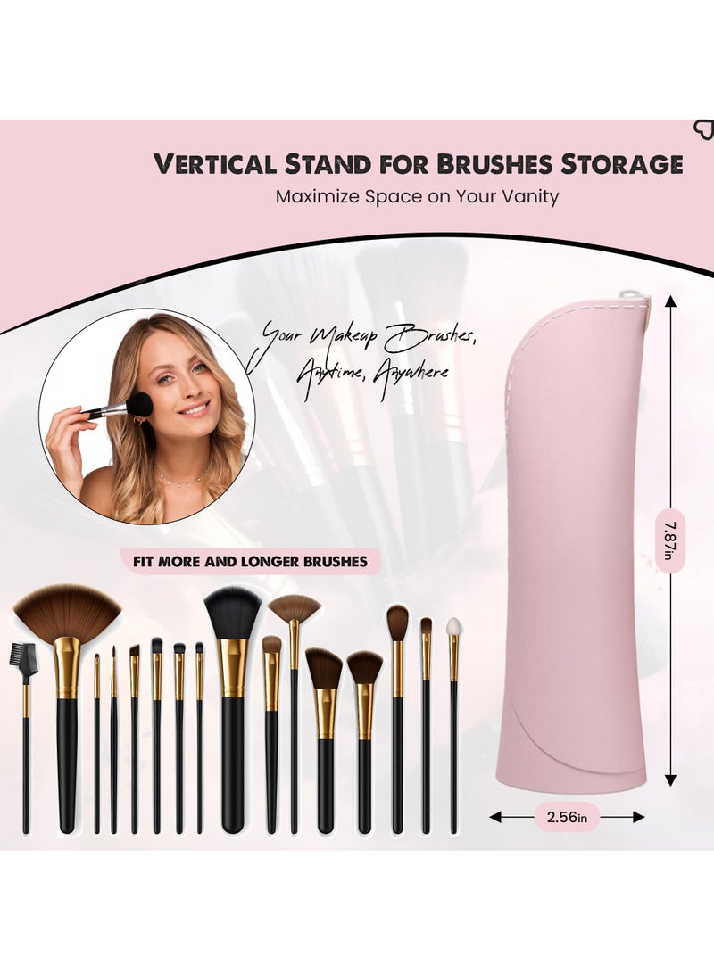 إكسفور Travel Makeup Brush Organizer Holder, Silicon Makeup Brush Case, Cute Travel Make Up Brush Holder For Women, Self Standing for Makeup Brushes and Small Cosmetics, Washable (Pink) - Image 5