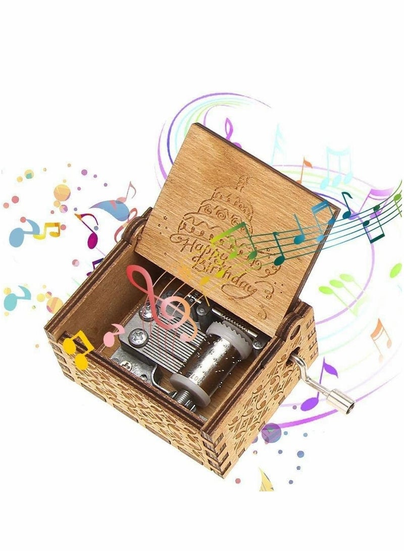 Excefore Wooden Music Box Hand Crank Musical Box Happy Birthday Classic Mini Wooden Music Box Wood Carved Music Box Gift for Adult Kids Home Decoration Craft - Image 1