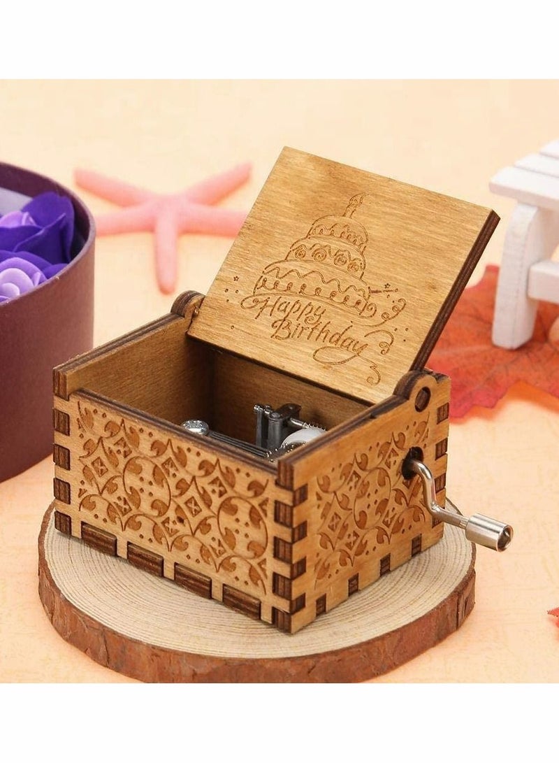 Excefore Wooden Music Box Hand Crank Musical Box Happy Birthday Classic Mini Wooden Music Box Wood Carved Music Box Gift for Adult Kids Home Decoration Craft - Image 2