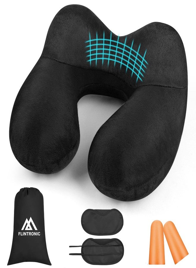 flintronic Inflatable Travel Pillow, Inflatable Travel Pillow for Airplane, Soft Velvet Neck Support, Lightweight Ergonomic Sleeping Neck Pillow for Airplane, Train, Car, Office, Camping (Black) - Image 1