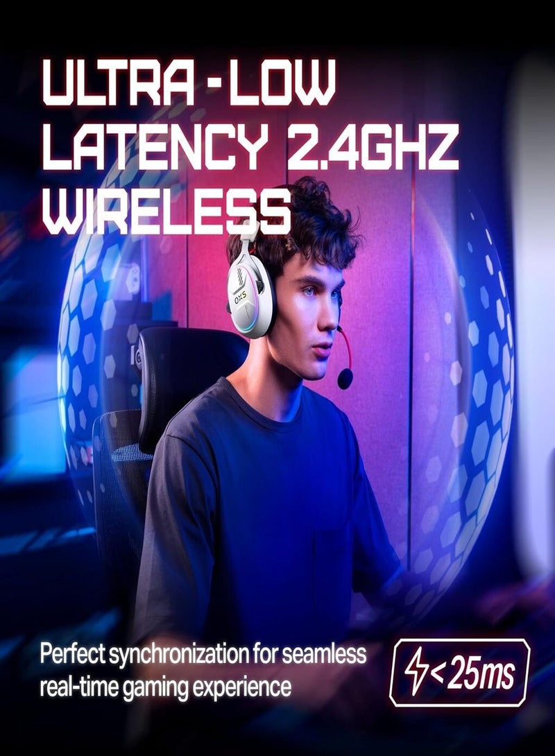 OXS AUDIO OXS Storm G2 Wireless Gaming Headset, Over-Ear, 40H Battery Life, 7.1 Virtual Surround Audio, 3 EQ Modes, Low Latency 2.4GHz, RGB Light, Bluetooth 5.3, Compatible with PC, Console, Mobile Phone - White - Image 3