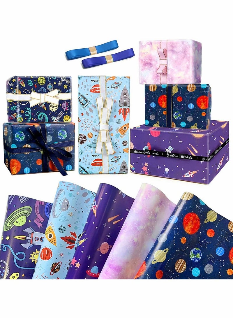5 Outer Space Boys and Girls Birthday Wrapper Paper Ribbon Recyclable Gift Wrapper Set for Birthday Party Holiday Decoration DIY Artwork Supplies - Image 1