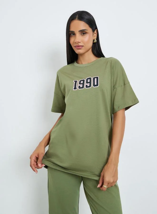 Styli Green Printed Longline T-Shirt and Cuffed Joggers Co-Ords