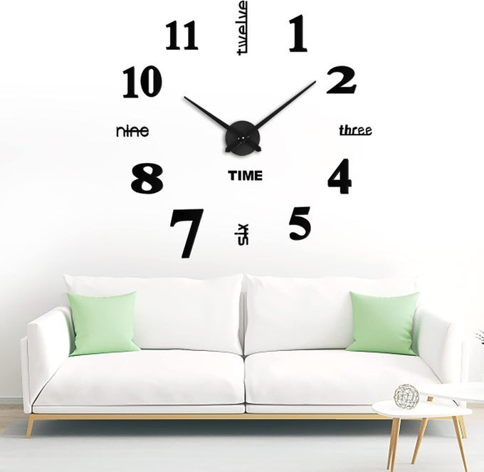 FRAME LESS DIY WALL CLOCK, 3 IN 1 LARGE 3D CLOCK 25 INCH FOR LIVING ROOM BEDROOM OFFICE DINING MODERN HOME DECORATION AND GIFT WITH MIRROR NUMBERS STICKERS. (BLACK)