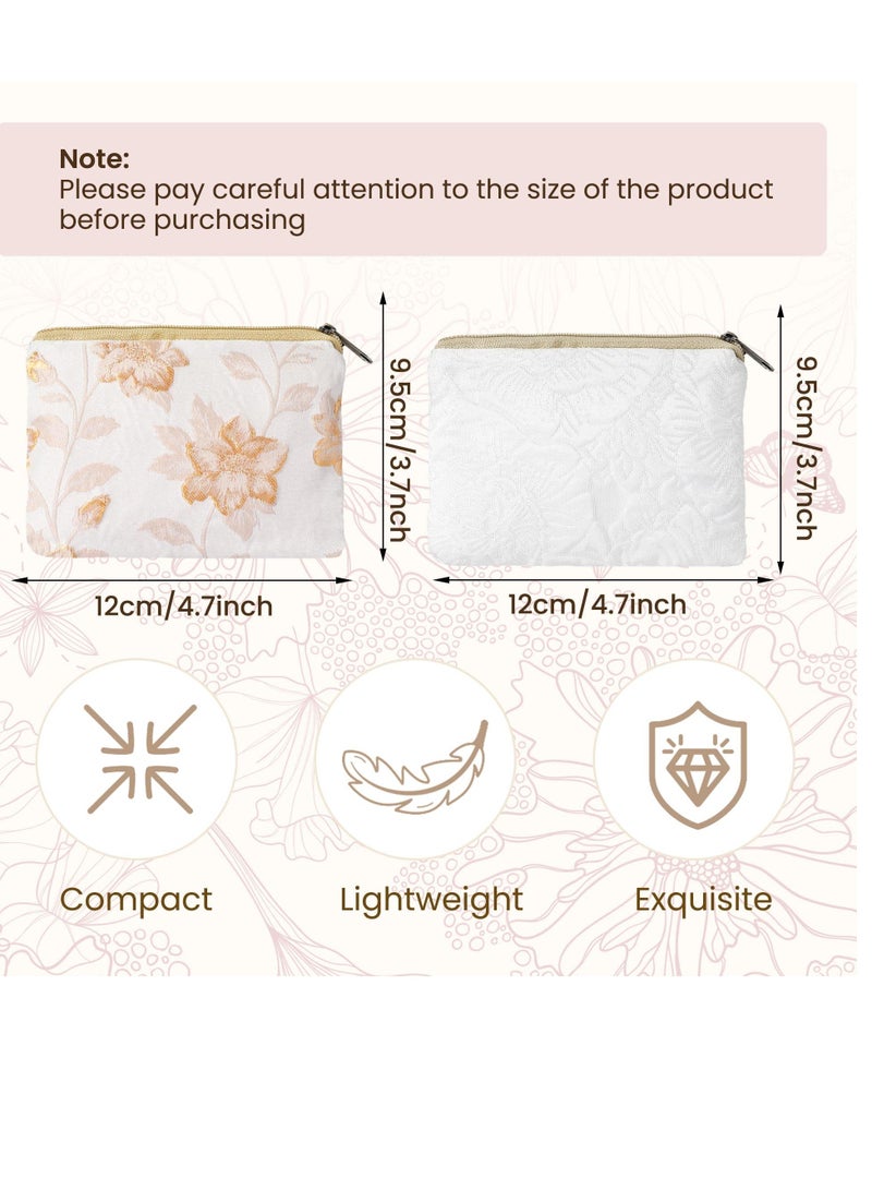 Floral Embroidery Makeup Bag Set - 2 Soft Cosmetic Pouches for Lipstick & Toiletries, Portable Zipper Organizers in White & Beige, Perfect for Purse & Travel  - Image 2