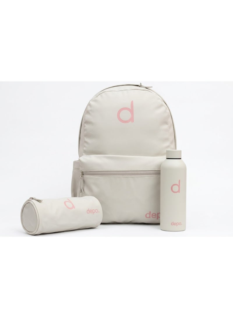 Depo 3-Piece School Backpack Set with Pencil Case & Water Bottle – Lightweight Everyday Backpack for Kids, Teens & Students – Ivory White & Soft Pink - Image 1
