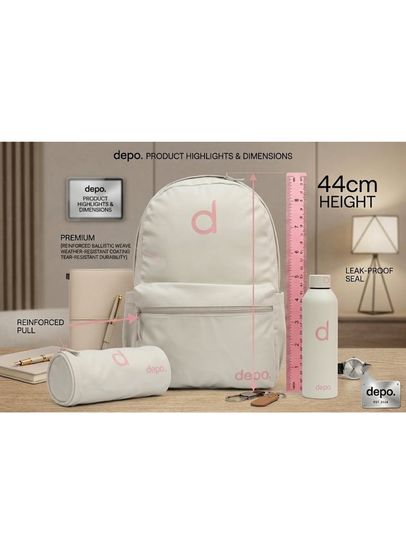 Depo 3-Piece School Backpack Set with Pencil Case & Water Bottle – Lightweight Everyday Backpack for Kids, Teens & Students – Ivory White & Soft Pink - Image 4