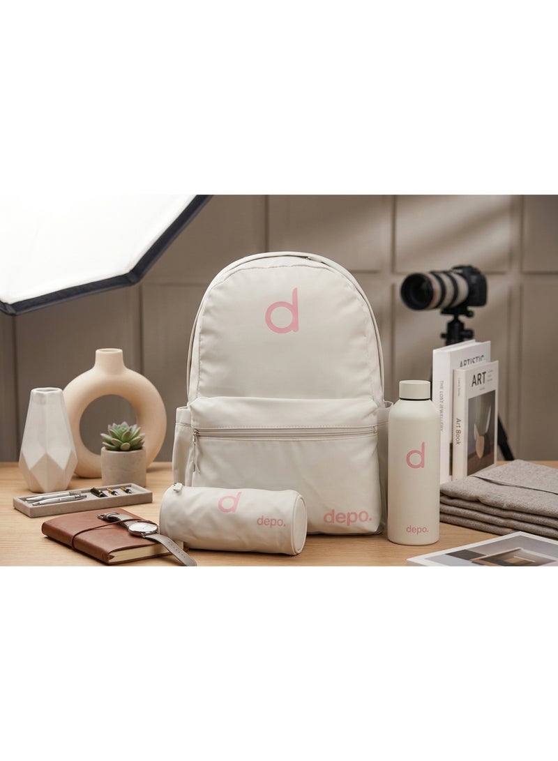 Depo 3-Piece School Backpack Set with Pencil Case & Water Bottle – Lightweight Everyday Backpack for Kids, Teens & Students – Ivory White & Soft Pink - Image 2