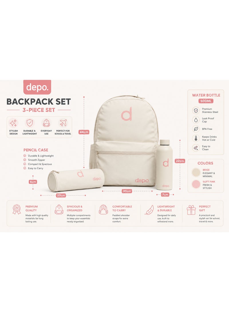 Depo 3-Piece School Backpack Set with Pencil Case & Water Bottle – Lightweight Everyday Backpack for Kids, Teens & Students – Ivory White & Soft Pink - Image 4