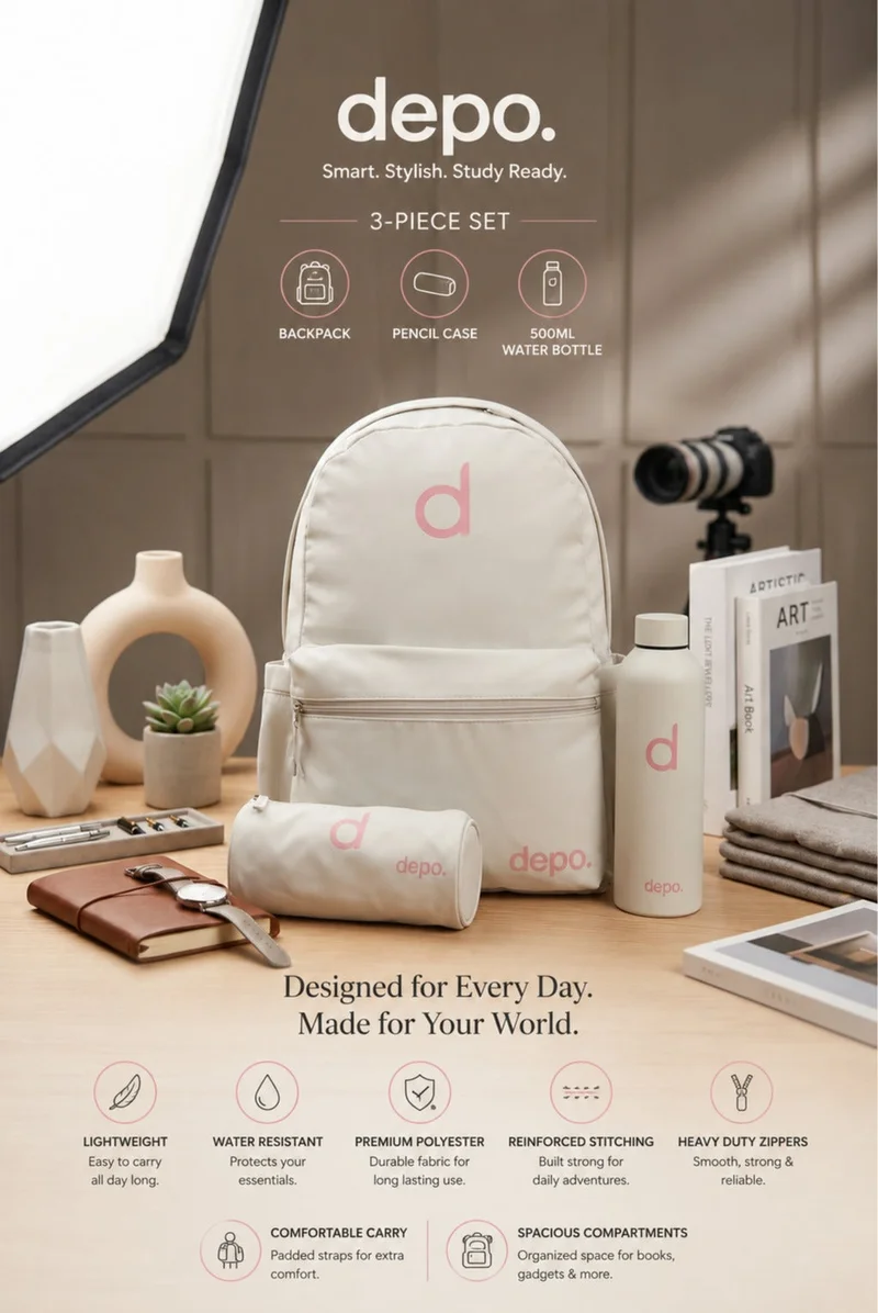 Depo 3-Piece School Backpack Set with Pencil Case & Water Bottle – Lightweight Everyday Backpack for Kids, Teens & Students – Ivory White & Soft Pink