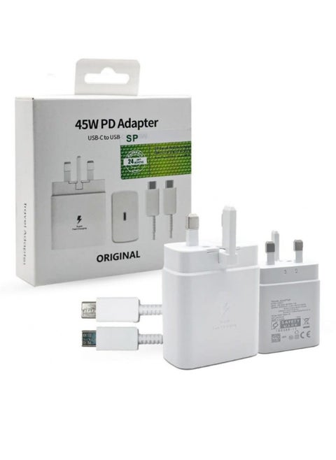 Wall Charger 45W Fast Charging With UK Plug USB-C to USB-C For Samsung Devices With Type C Cable White