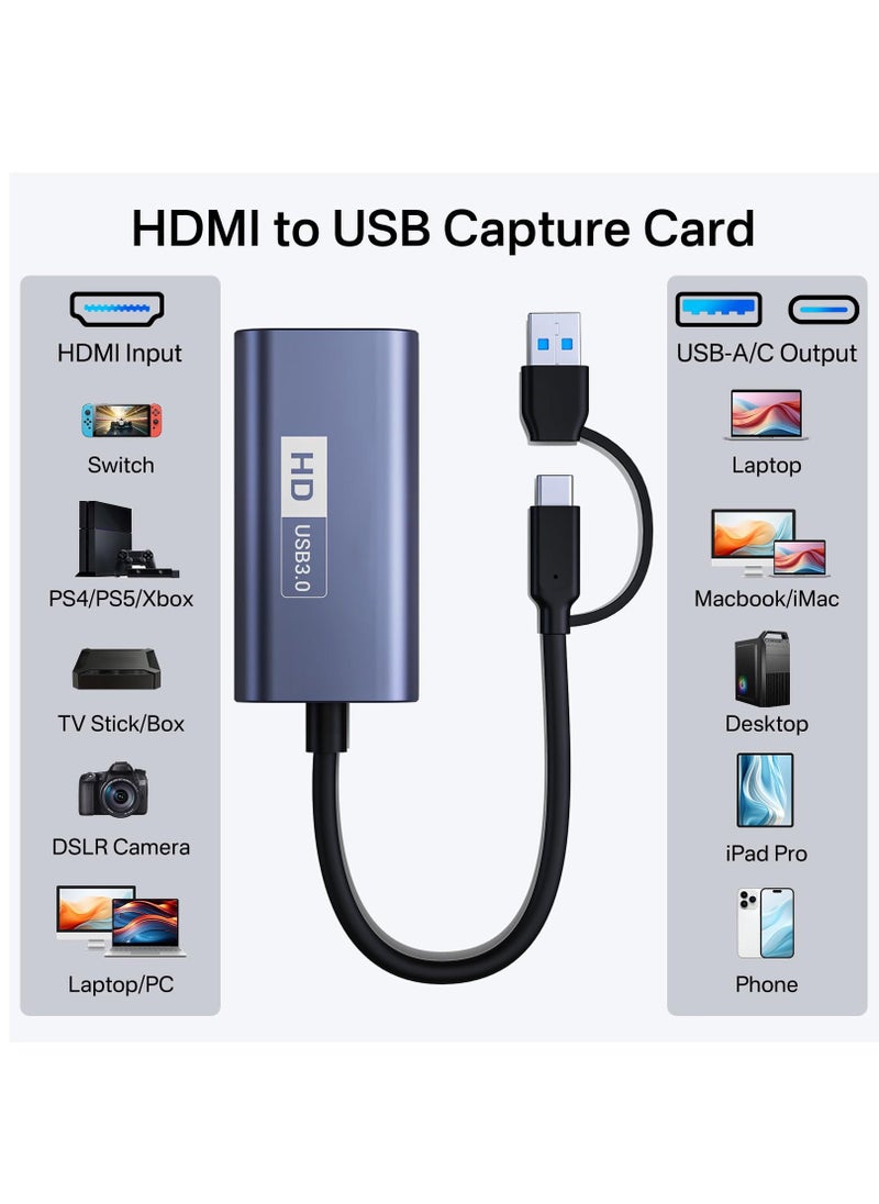 4K HDMI Capture Card - USB 3.0 to USB-A/C, 1080P 60FPS Video Capture for Live Streaming/ Gaming/ Meeting, Compatible with Windows/Mac OS System, Switch PS4/5 Xbox OBS Zoom