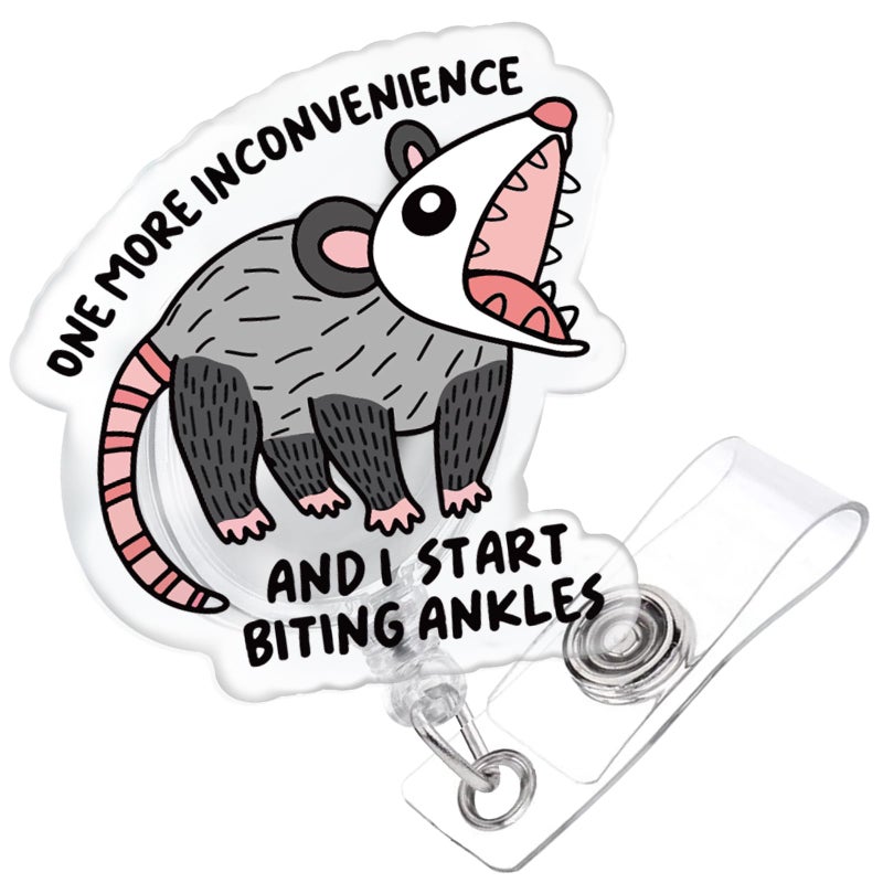 963RW Badge Reel Funny, One More Inconvenience Retractable Glitter Funny Opossum Badge Reel Holder Nursing Nicu Accessories ID Clip for Nurse Doctor Medical Office Worker Teacher, Opossum Lover Gifts - Image 1