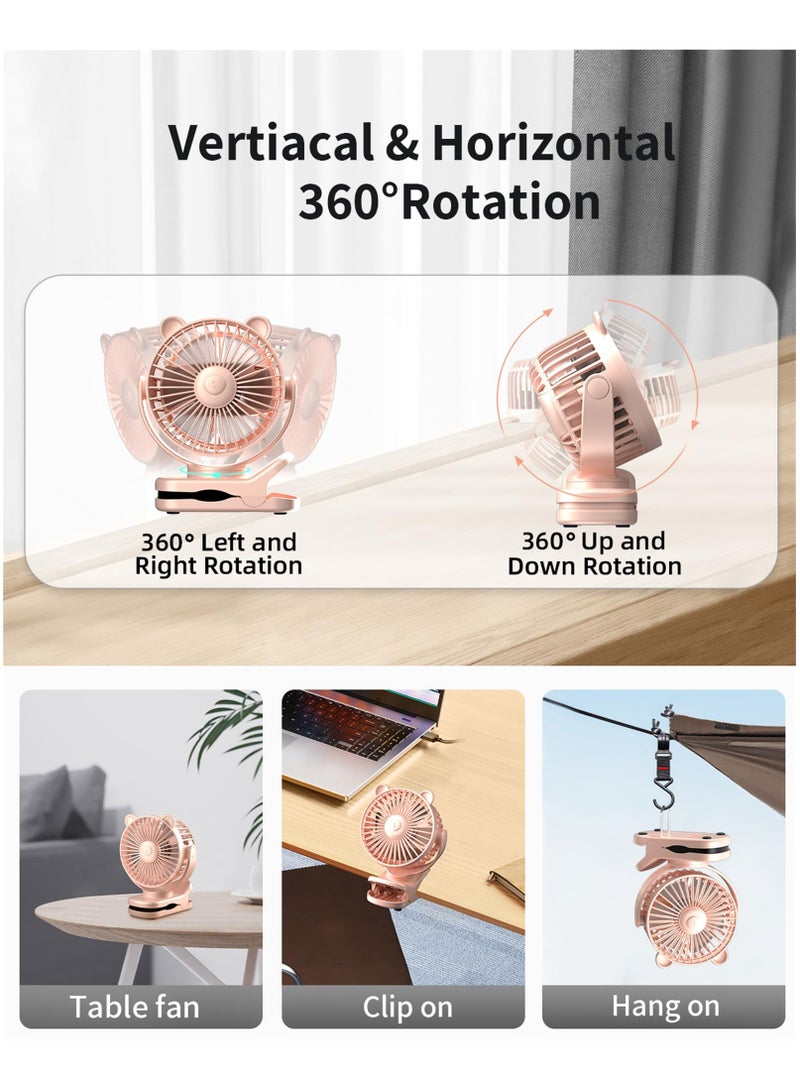 سوكاني مروحة محمولة بمشبك، مروحة مكتب صغيرة تعمل بالبطارية، دوران 360 درجة، تصميم لطيف، 3 سرعات، مروحة طاولة صغيرة قابلة لاعادة الشحن بمنفذ USB، مروحة تبريد شخصية للمنزل والمكتب والسفر (وردي) - Image 5