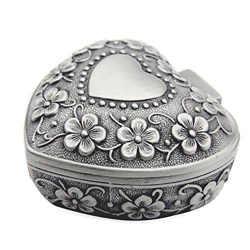 AVESON Classic Vintage Antique Heart Shape Jewelry Box Ring Small Trinket Storage Organizer Chest Christmas Gift, Silver - Image 1