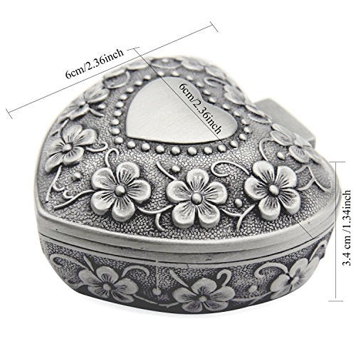 AVESON Classic Vintage Antique Heart Shape Jewelry Box Ring Small Trinket Storage Organizer Chest Christmas Gift, Silver - Image 3