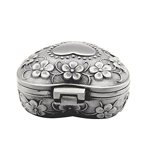 AVESON Classic Vintage Antique Heart Shape Jewelry Box Ring Small Trinket Storage Organizer Chest Christmas Gift, Silver - Image 4
