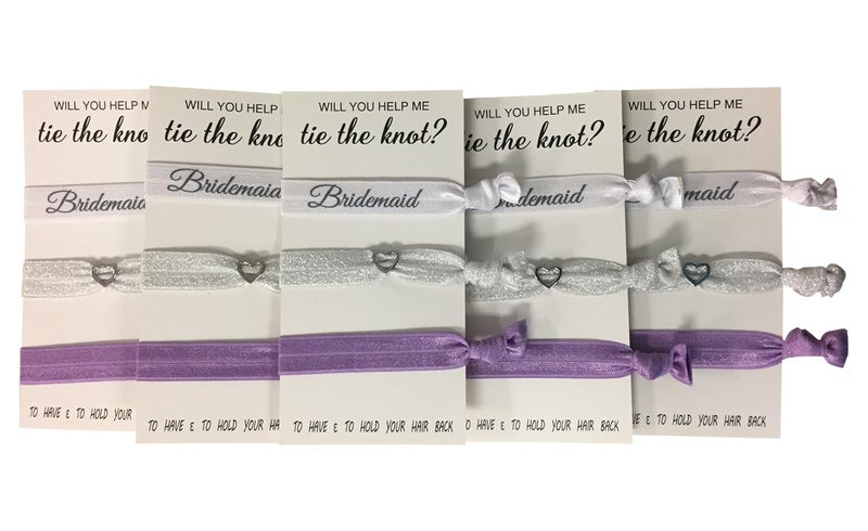 Infinity Collection Bridesmaid Hair Ties, Bridesmaid Proposal Gifts-5 Pack Purple Ribbon Hair Ties No Crease Elastics Handtied Ouchless Ponytail Holders Hair Band Favors for Bachelorette Parties, Bridal Shower & More