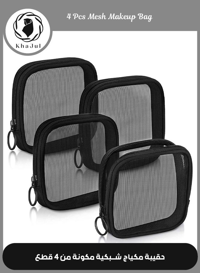 خاجول مجموعة 4 حقائب ميني شبكية، مادة نايلون شبكي متين، حقيبة تجميل شفافة وقابلة للتنفس، منظمة مستحضرات التجميل للسفر والاستخدام اليومي، اللون الأسود - Image 1